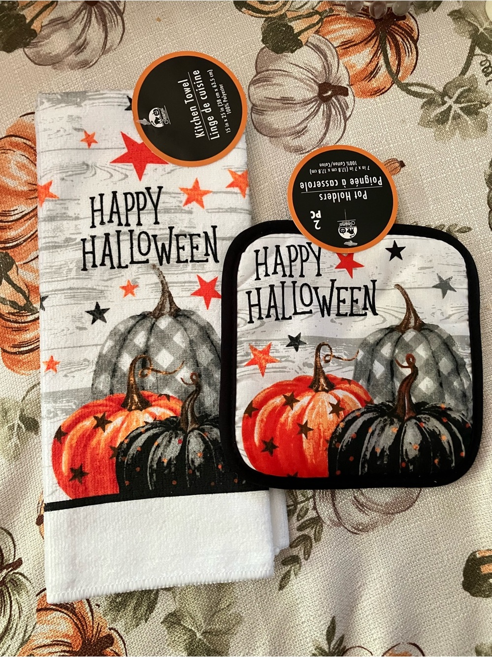 Happy Halloween Pumpkin Kitchen Towel and 2 Pot Holders - Orange, Black, Gra